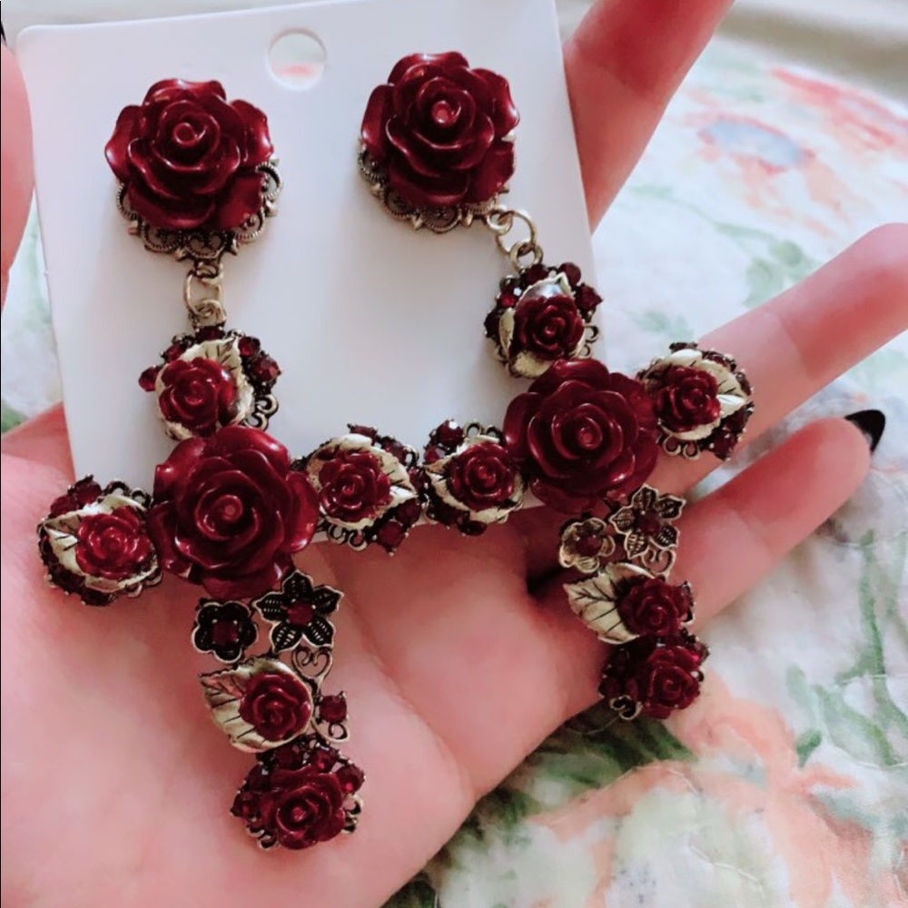Baroque Rose Cross Drop Statement Earrings